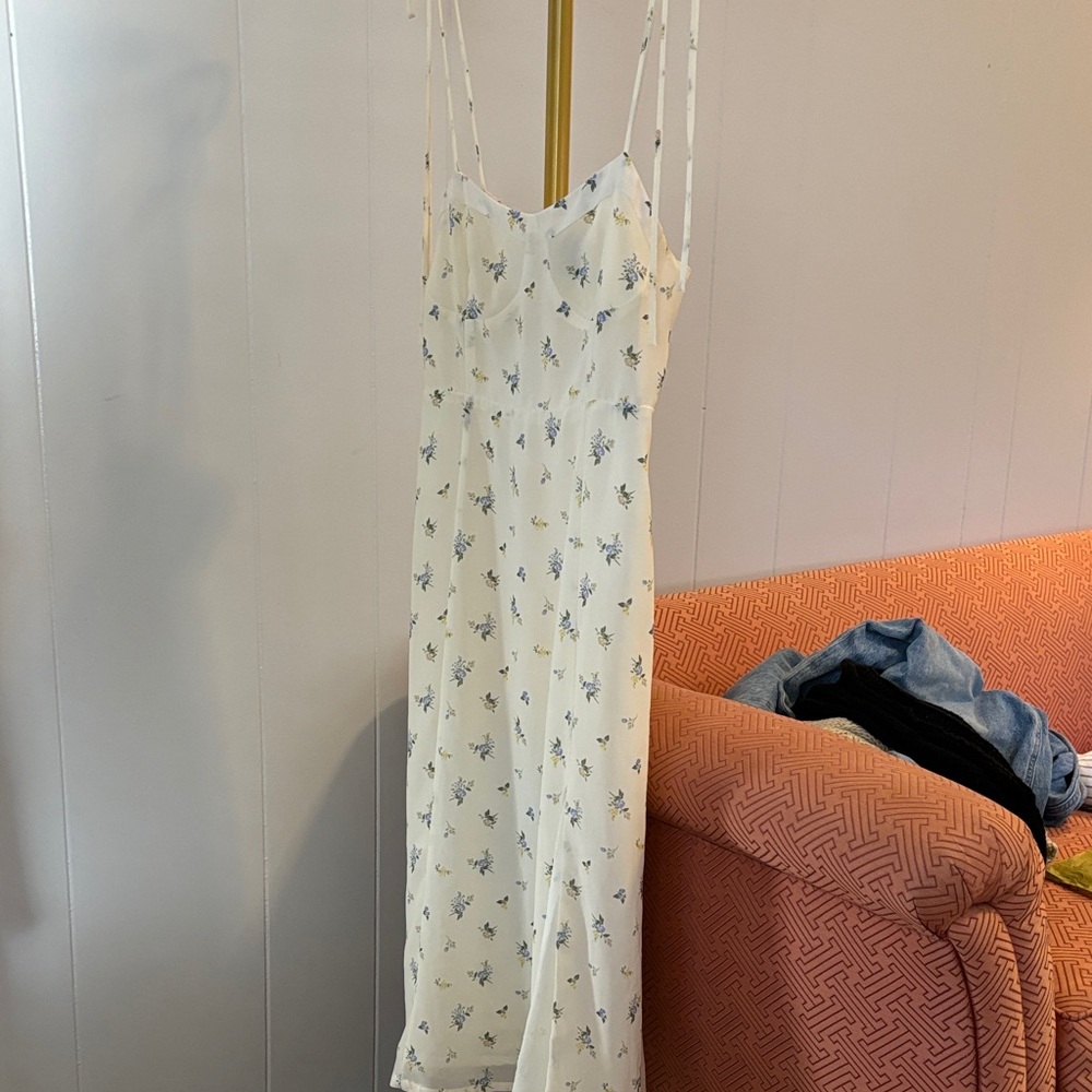 Forever 21 White Strapless Dress with Blue Floral Pattern